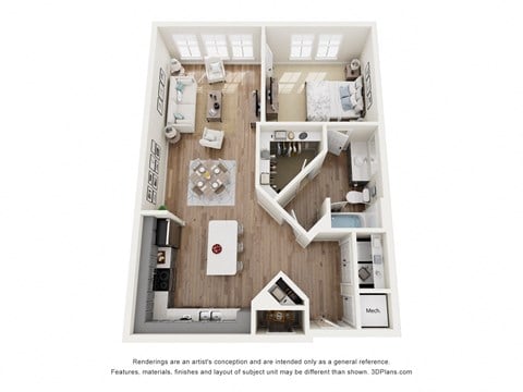 Floor plan for 1 bed, 1 bath, 856 sqft